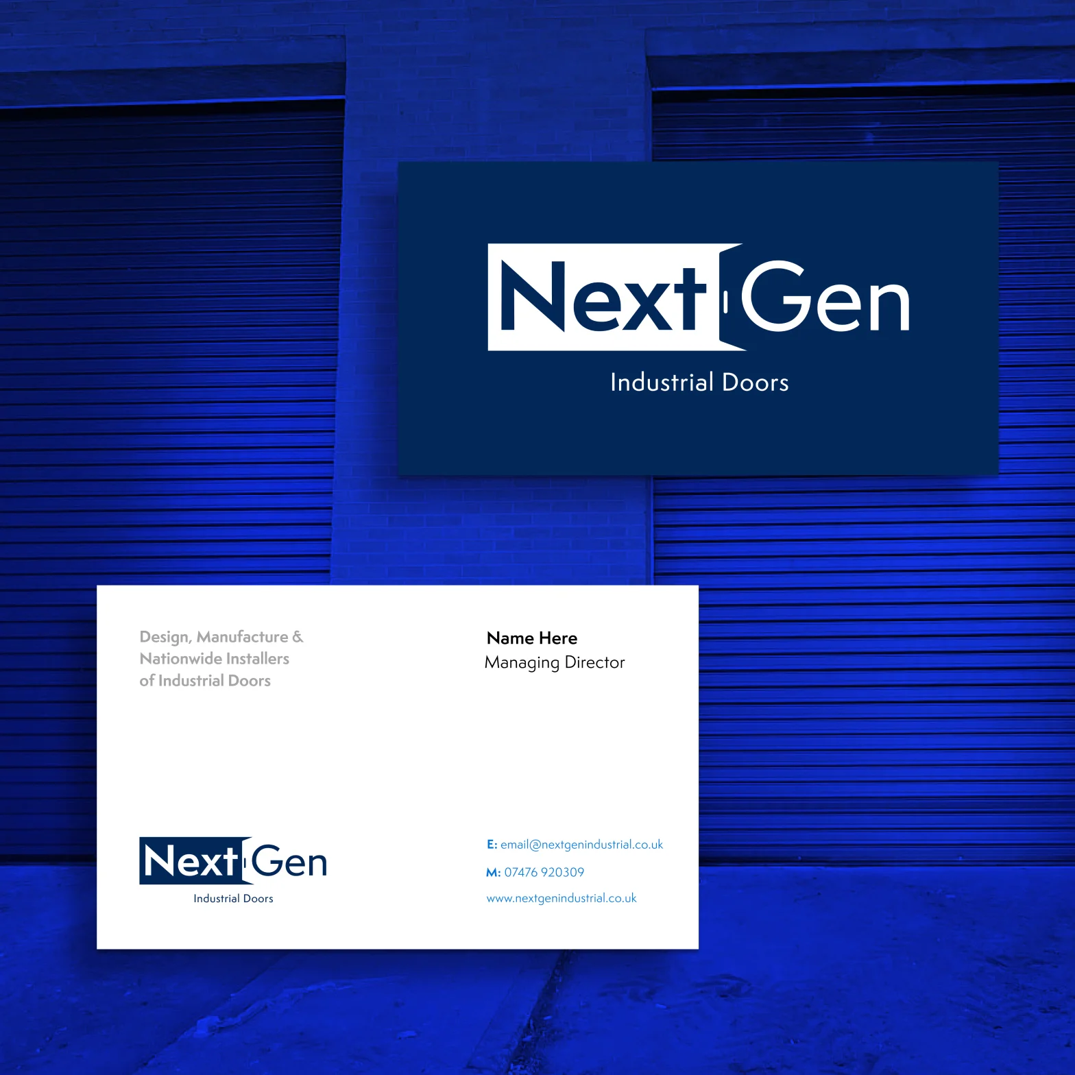 NextGen Industrial Doors brand identity and website mockup by 628 Studio, Huddersfield and Leicester web design agency.