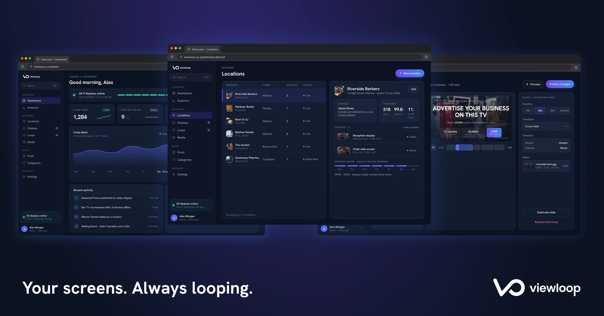 The ViewLoop dashboard across every screen