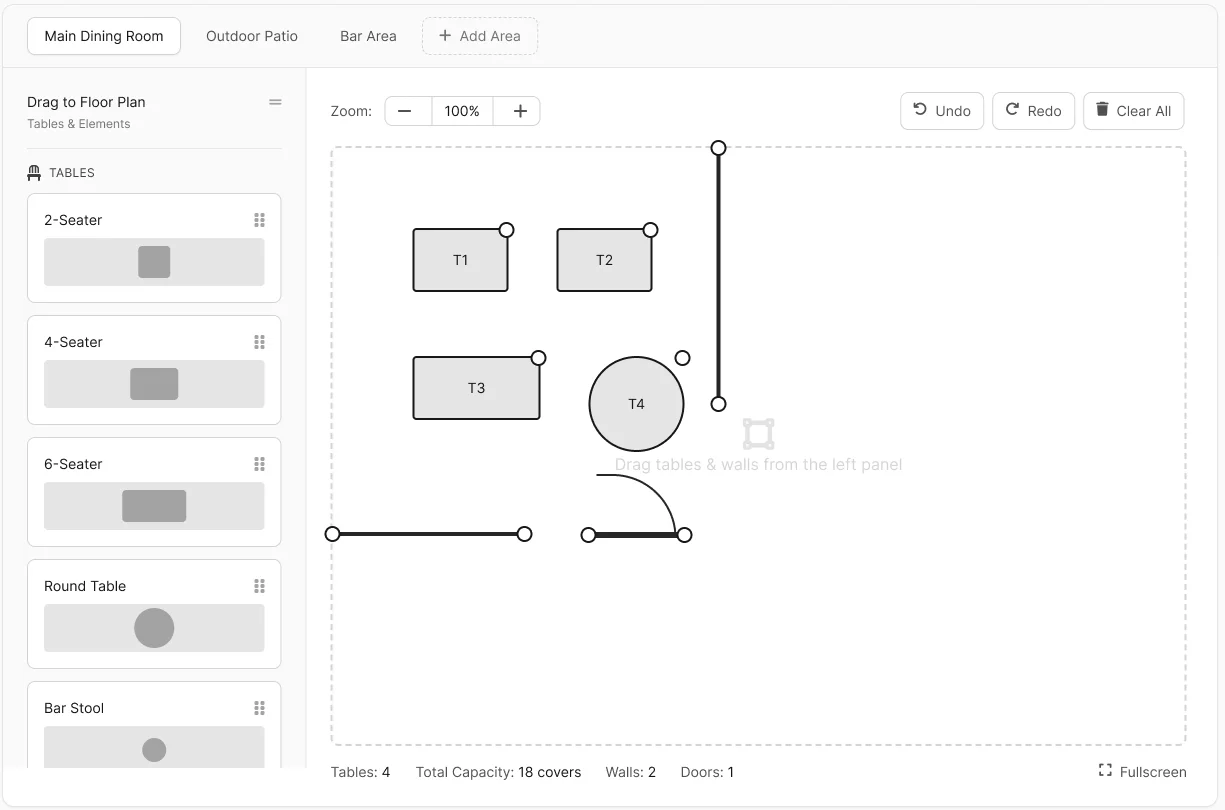 The TableCloud floor plan builder, with tables and walls laid out on a grid