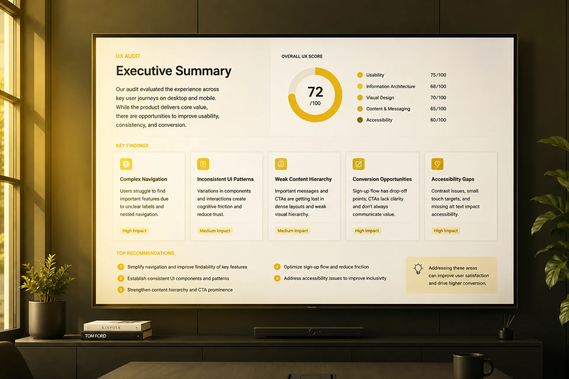 A UX audit executive summary on a meeting room screen
