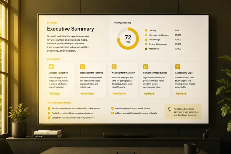A UX audit executive summary on a meeting room screen