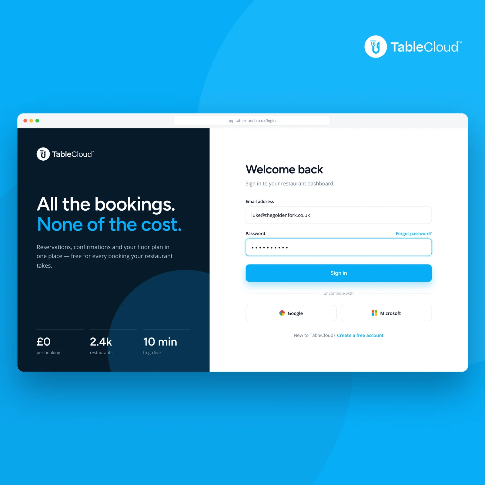 The TableCloud sign-in screen