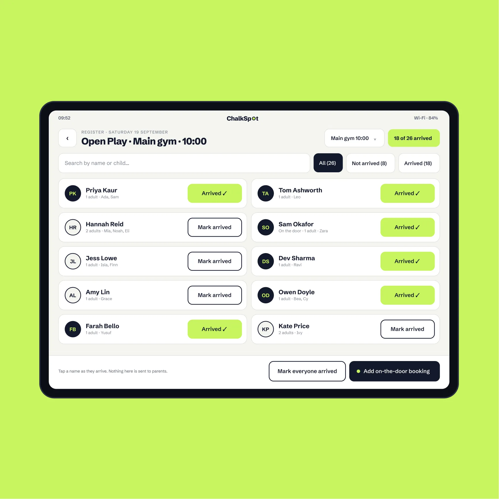 Marking gymnasts in on the ChalkSpot register
